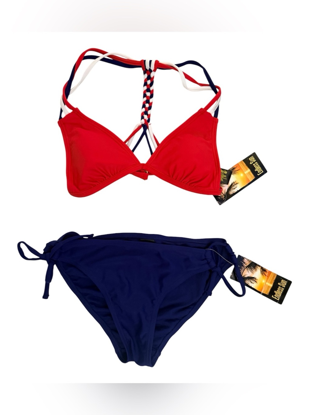 Endless Sun Red Triangle Swim Top & Navy Bikini Bottom Set. 
Size S